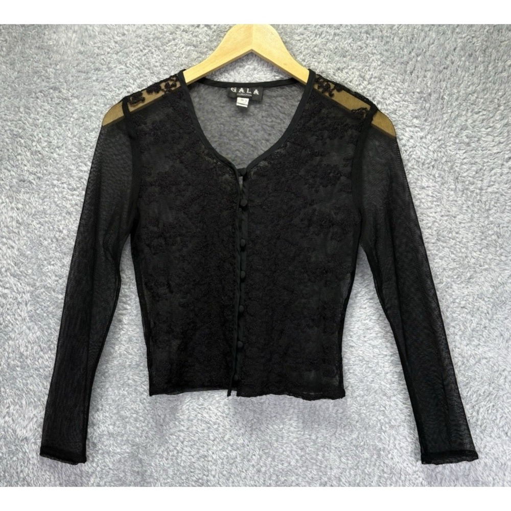 Vintage Gala Black Sheer Lace Mesh Cardigan Small Y2K Whimsigoth Gothic Top